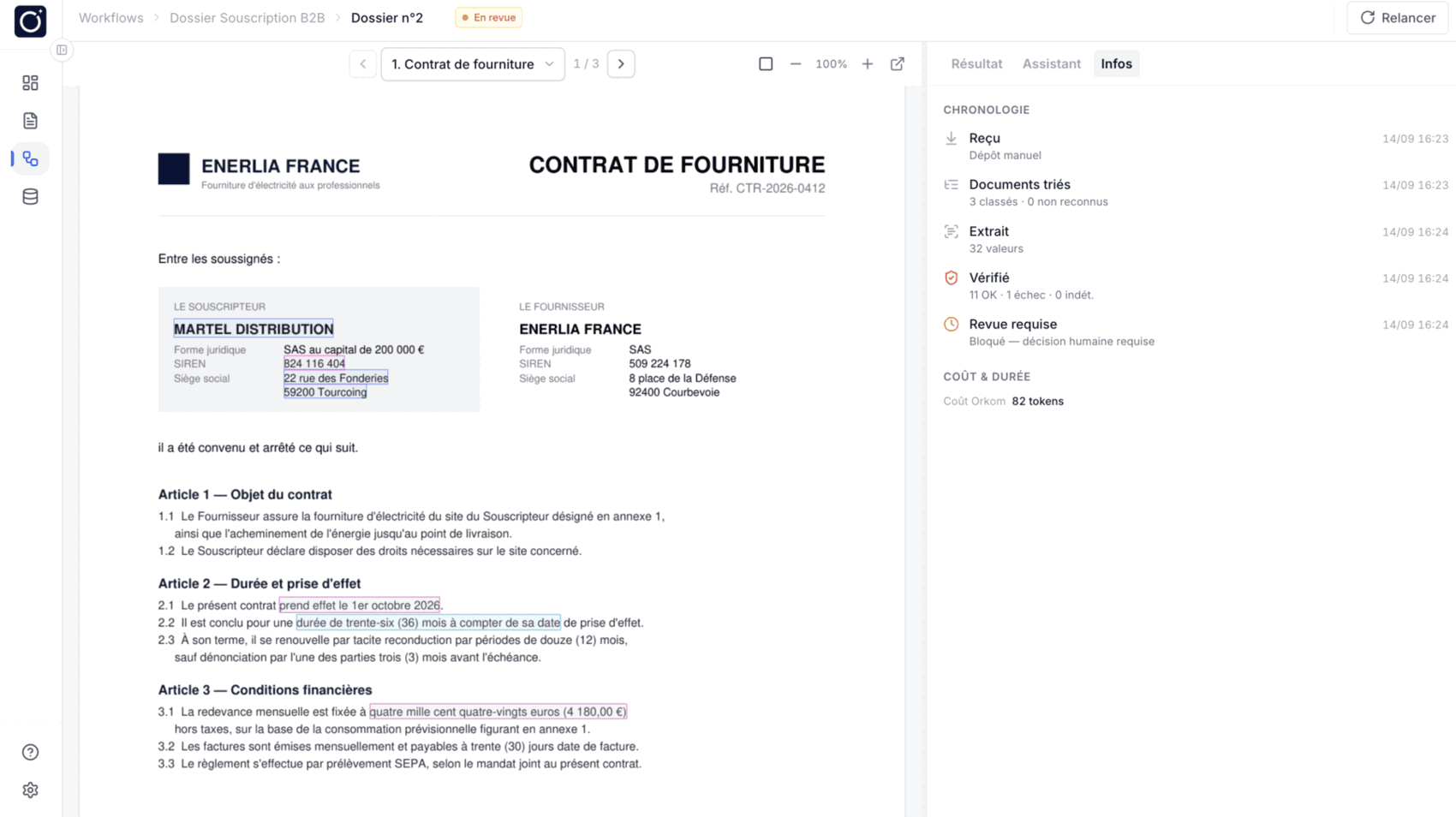 L'onglet chronologie d'un dossier : reçu, documents triés, extrait, vérifié, revue requise, chacun horodaté à la minute avec ce qu'il a produit, et le coût du traitement en jetons.