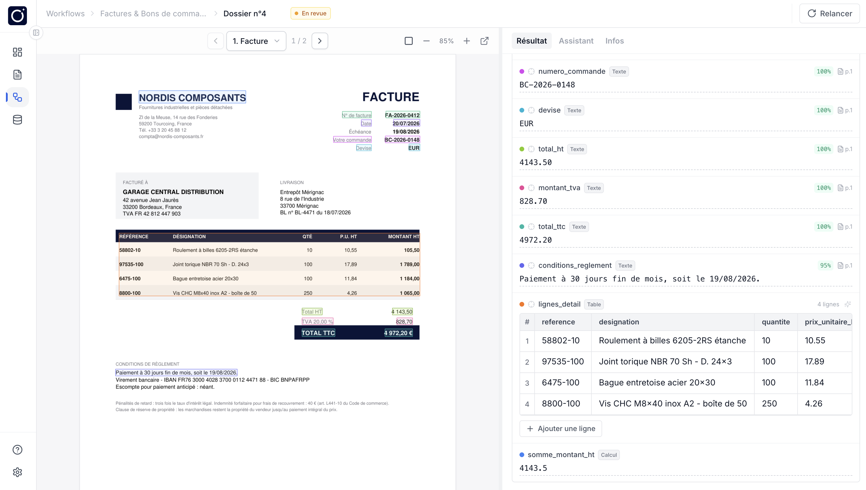 L'écran d'ORKOM sur une facture fournisseur : à gauche le document, chaque valeur lue encadrée à l'endroit où elle se trouve ; à droite le résultat champ par champ, avec son score de confiance, sa page d'origine et le tableau des lignes de détail.