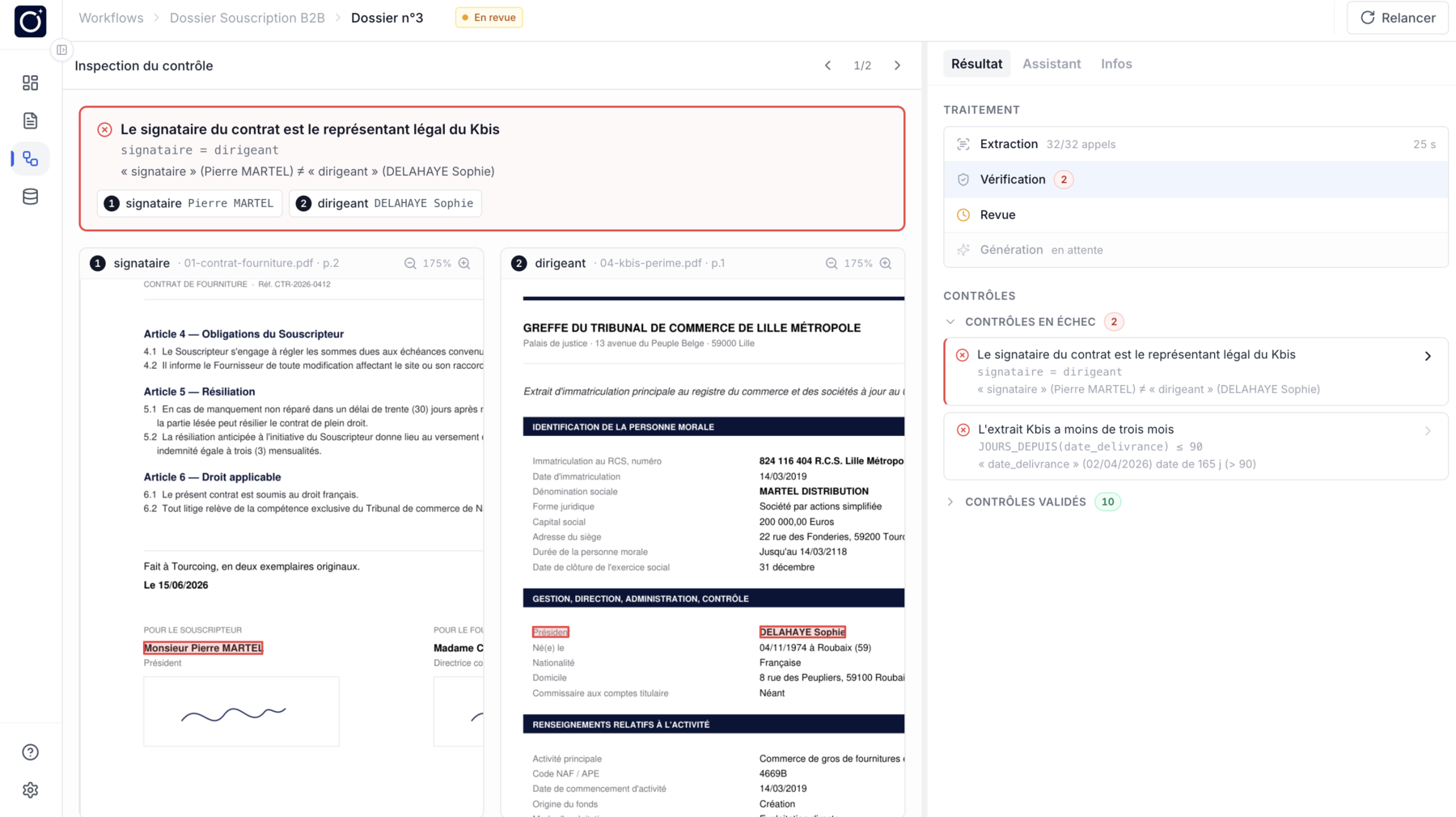 L'inspection d'un contrôle en échec : la règle rappelée avec les deux valeurs qui ne concordent pas, et dessous les deux documents d'où elles viennent, chacun ouvert à la page et à l'endroit exacts. À droite, l'avancement du traitement et la liste des contrôles, deux en échec, dix validés.